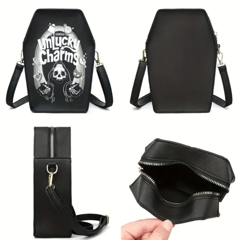 🆕️BLACK UNLUCKY CHARMS CEREAL GOTH VEGAN LEATHER COFFIN ZIPPERED CROSSBODY - Picture 7 of 16